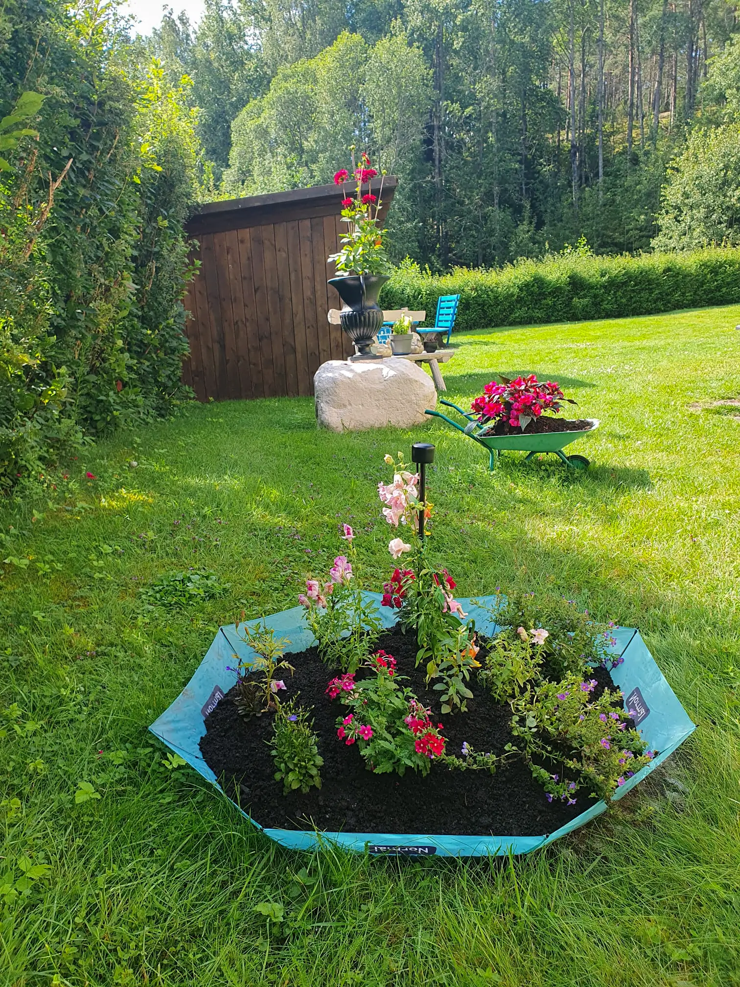 A creative garden display at Motel E4 featuring an upside-down blue umbrella used as a flower planter, set on a green lawn with a wheelbarrow planter and lush forest in the background.